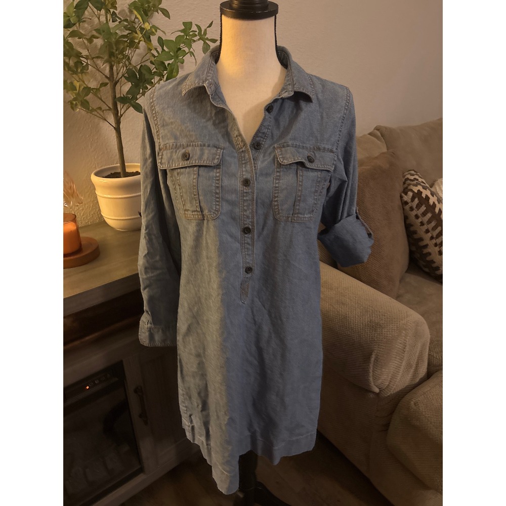 J.Crew Women Blue Chambray Shirt Dress Roll Tab Sleeve Small